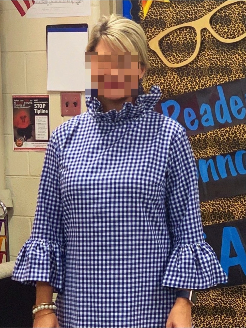 Blue Gingham Ruffle-Neck Midi Dress
